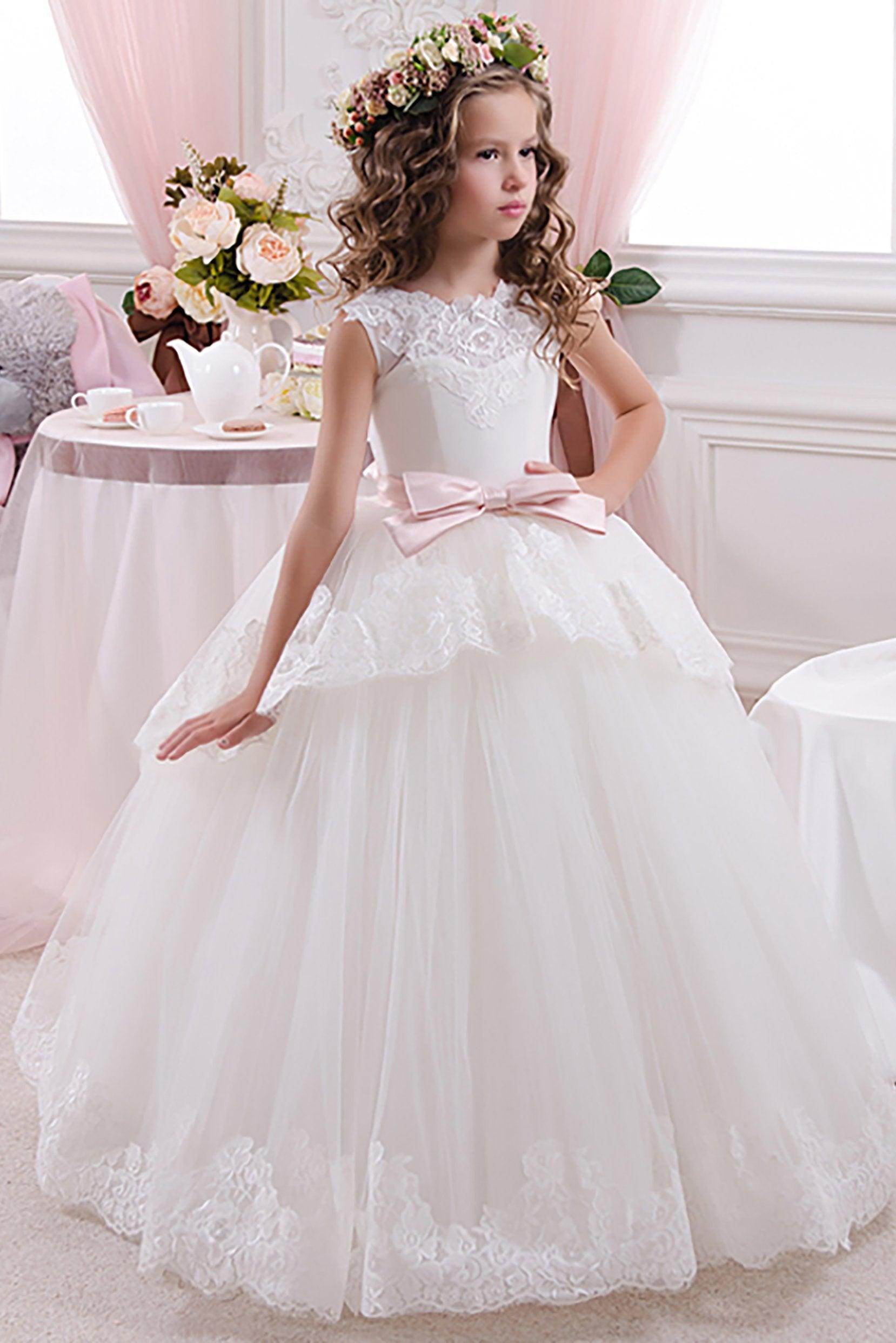 A-Line Floor Length Tulle Lace Flower Girl Dress CF0341 - COCOMELODY